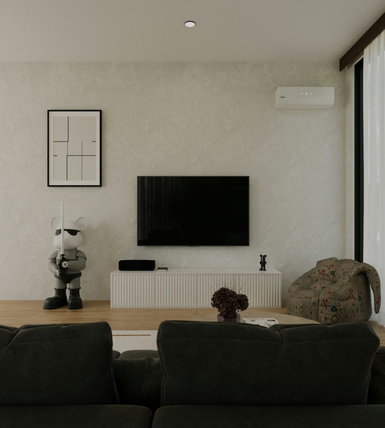 How to incorporate a farmhouse media console into a modern living room?