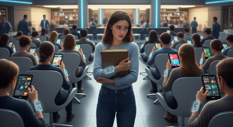 A futuristic classroom where many people are seated in high-tech chairs reading on tablets or e-readers.