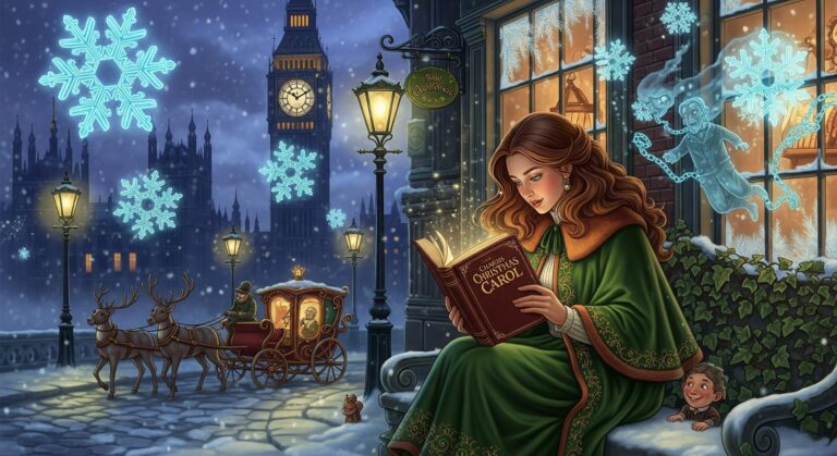 Woman reading a book in a snowy, Victorian holiday setting with reindeer and ghostly figures.