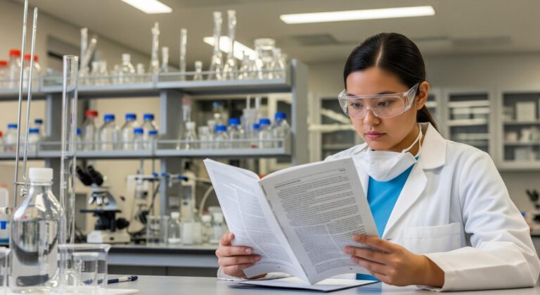 Scientist reviewing research documentation at a laboratory workstation surrounded by glassware and equipment.