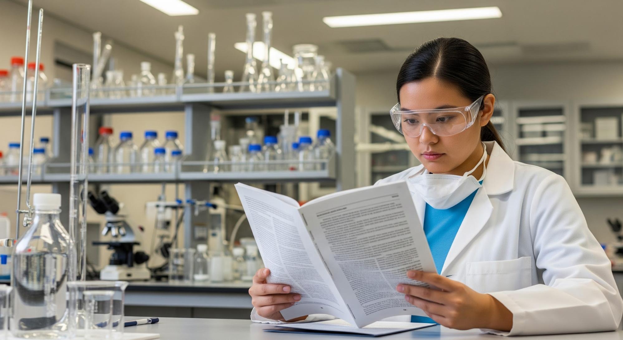 Scientist reviewing research documentation at a laboratory workstation surrounded by glassware and equipment.
