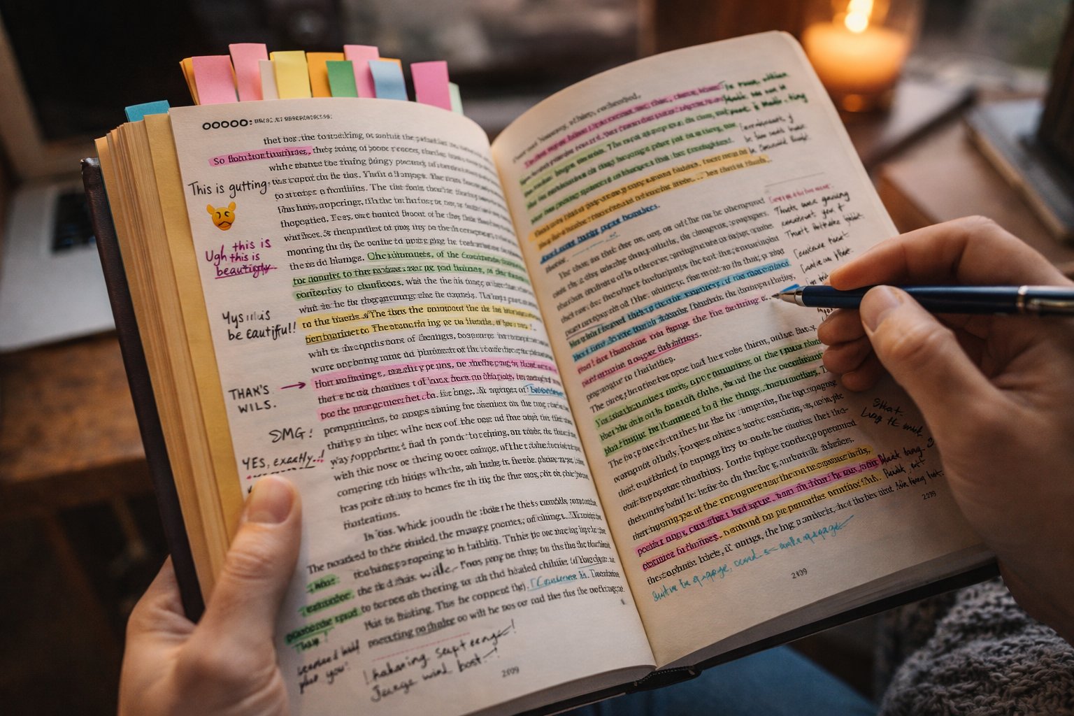 Marginalia social media trend shown in annotated book pages with colorful tabs