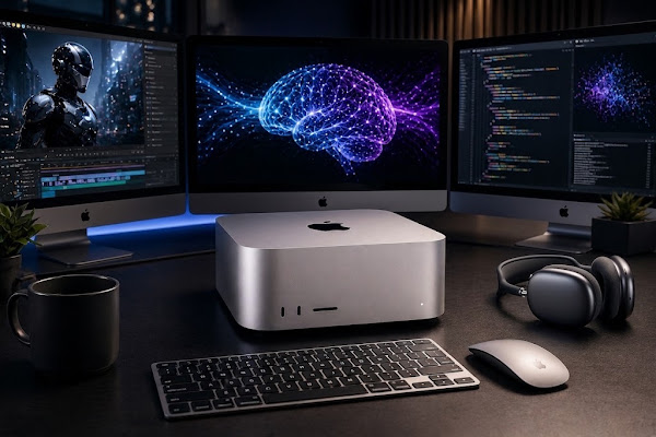 Mac Studio desktop showing M5 Max and M5 Ultra performance capabilities
